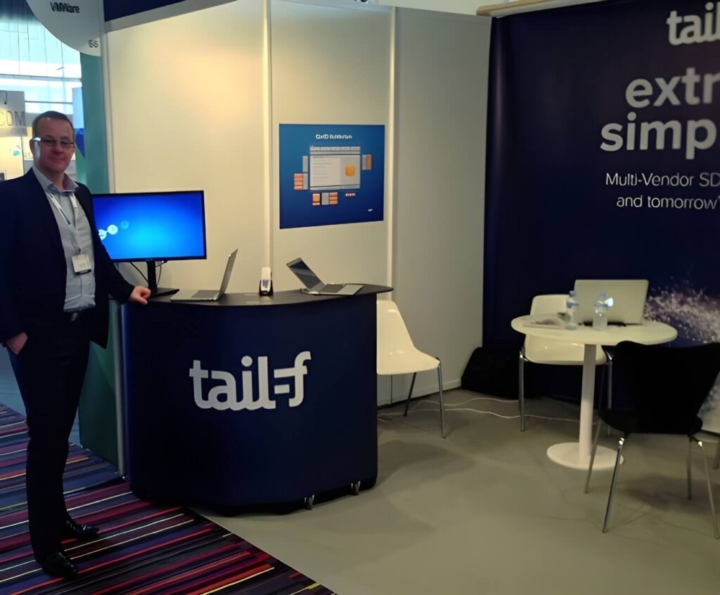 Trade show booth designed and produced by Magnus Attefall for Tail-f – with branded content, demo materials, and technical graphics