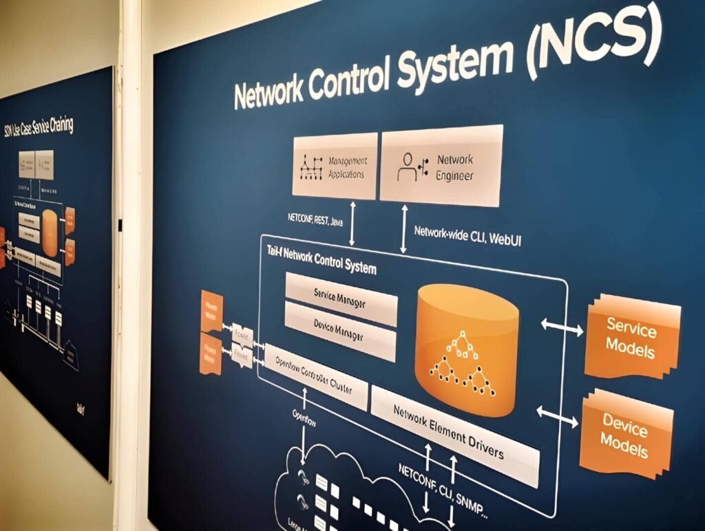 Technical wall graphics explaining Tail-f’s Network Control System – visual storytelling by Magnus Attefall