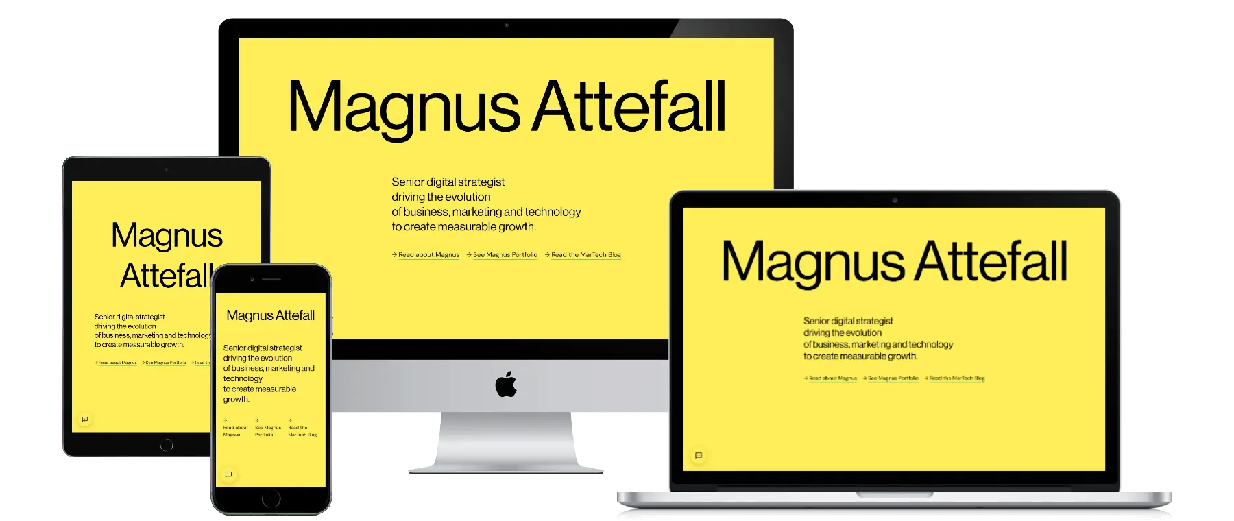 attefall.se custom WordPress MarTech portfolio website shown on desktop, tablet and mobile responsive design mockup