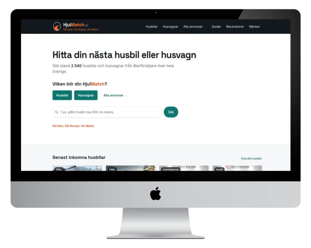 HjulMatch search aggregator for motorhomes and caravans shown on desktop, tablet, and mobile