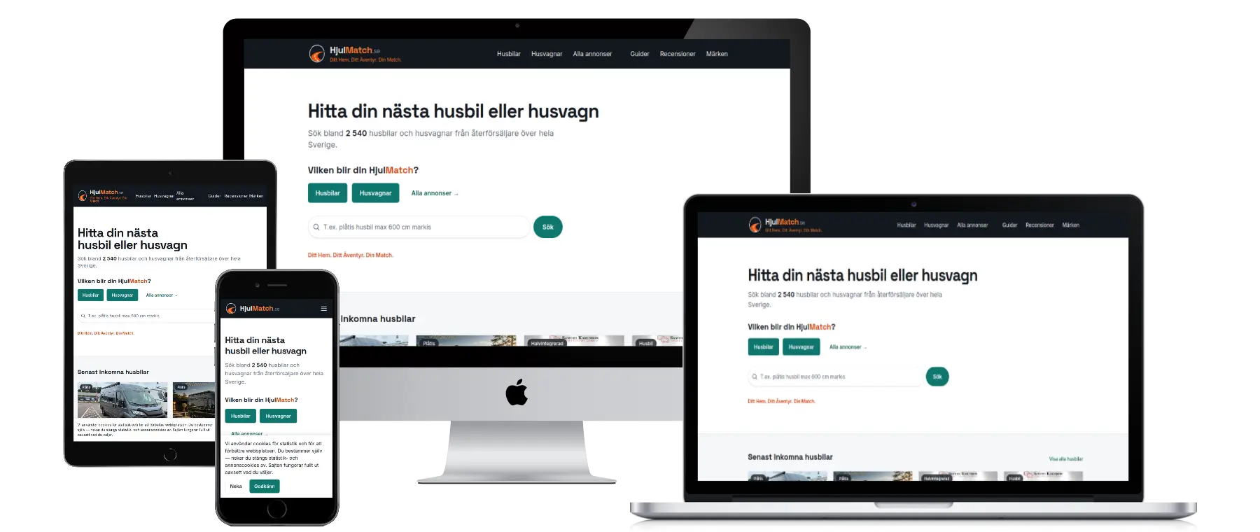 HjulMatch search aggregator for motorhomes and caravans shown on desktop, tablet, and mobile